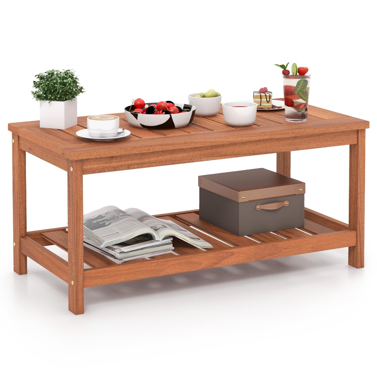Giantex Hardwood Patio Coffee Table - 2-Tier Wooden Coffee Table with Slatted Tabletop & Storage Shelf, Outdoor Rectangular Center Table for Backyard, Garden, Poolside, Balcony & Indoor, Walnut - Perfect for Outdoor Gatherings, BBQ Parties, and Relaxing by the Pool