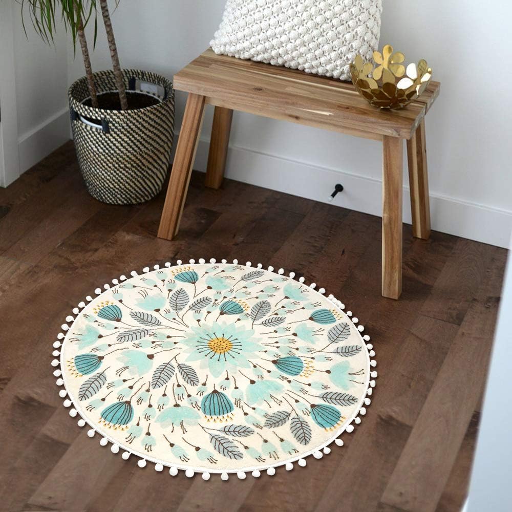 Uphome 2' Round Bath Mat - Soft Non-Slip Floral Pom Pom Fringe Washable Small Circle Rug for Bathroom, Shower, Sink, Nursery, Bedroom & Powder Room | Cute Decorative Carpet for Home Decor & Table Centerpiece