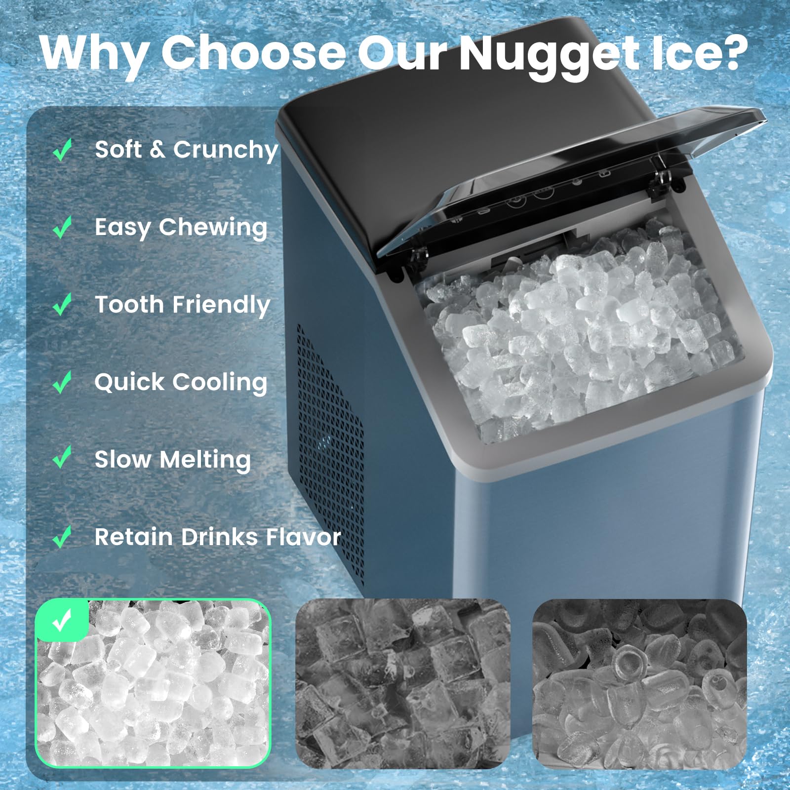 Portable Nugget Ice Maker Countertop - 40lbs/24H Soft Chewable Pellet Ice Machine with Self-Cleaning Function, Sonic Ice Maker for Home Kitchen, Office, Bar, RV - Black Stainless Steel | Perfect for Cocktails, Sodas & Entertaining