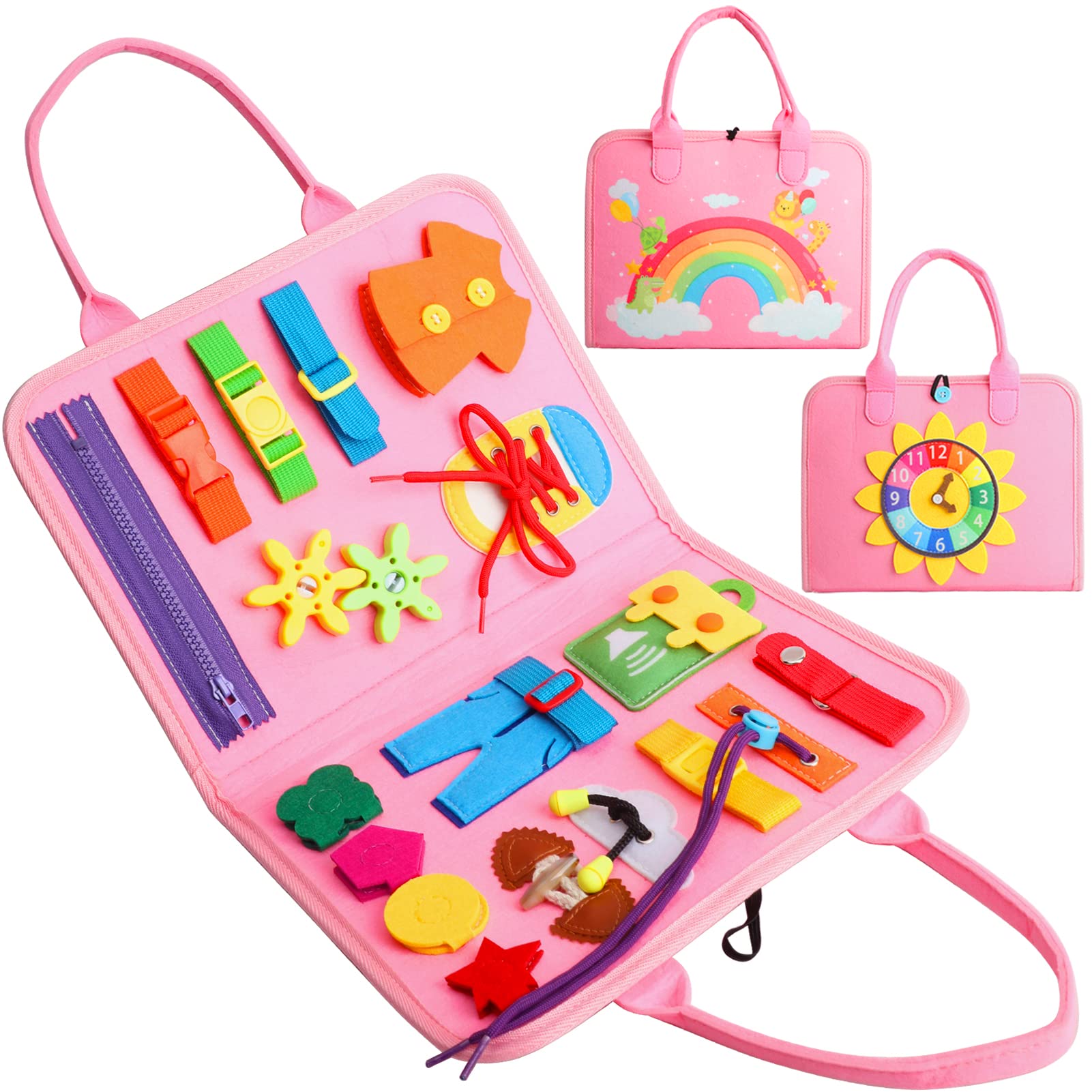 Montessori Busy Board Sensory Toys for Toddlers 1-4 Years Old - Fine Motor Skills Activity Board, Educational Travel Toy for Airplane & Car Rides - Autism Learning Toy, Preschool Gift for Boys & Girls (Pink) - Perfect for Home, Classroom & Travel Playtime