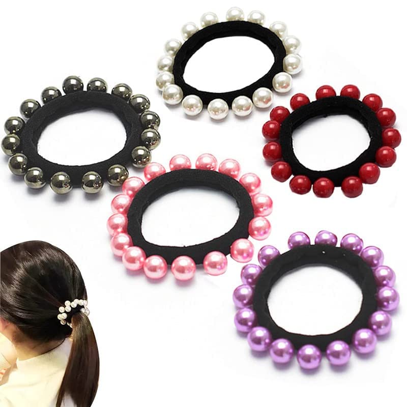 6 PCS Pearl Hair Ties - Beaded Elastic Scrunchies, Stretch Hair Ropes & Ponytail Holders for Women & Girls | Elegant Hair Accessories for Daily Wear, Weddings & Special Occasions