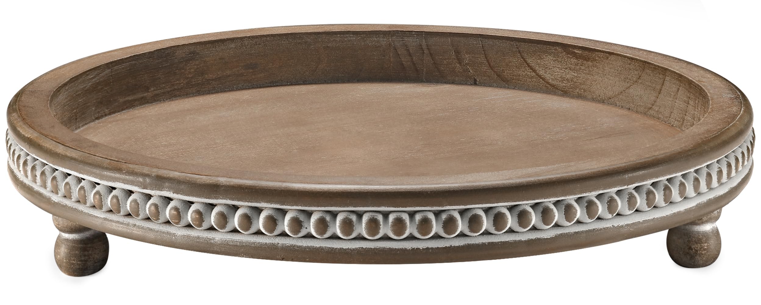 Handmade Wooden Serving Tray - Small Beaded Round Coffee Table Tray in Warm Brown - Decorative Tray for Coffee, Dining Room, Entryway & Living Room - Perfect for Serving Drinks, Displaying Decor & Organizing Essentials