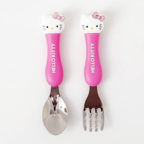 **CherryBox Pink Kitty Stainless Steel Kids Spoon & Fork Set with Storage Box (Dark Pink) - Perfect for School Lunches, Picnics, and Travel**