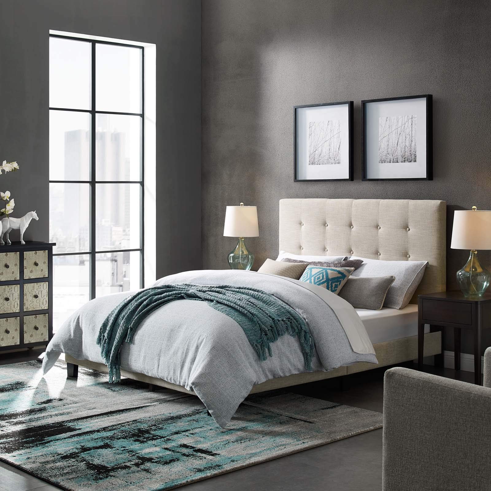 Modern Full Size Platform Bed Frame - Contemporary Urban Design, Soft Fabric Upholstery in Beige | Perfect for Small Bedrooms, Guest Rooms & Studio Apartments