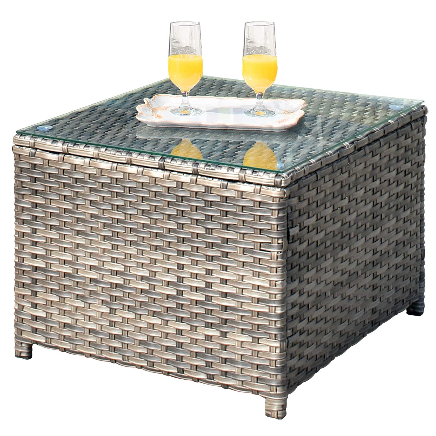 Ovios Grey Medium Size Wicker Rattan Patio Coffee Table with Glass Top - Outdoor Garden Tea Table & Side Table for Yard, Porch, Poolside & Balcony Use