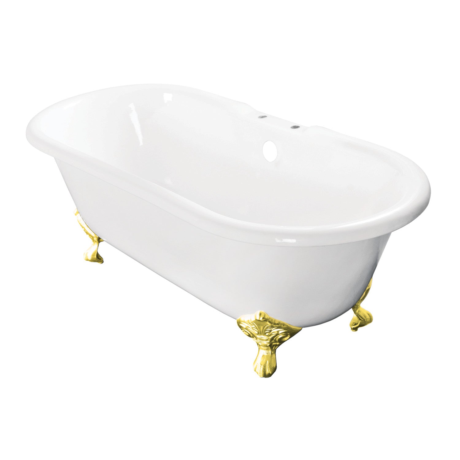 60 Inch White Cast Iron Clawfoot Bathtub with Polished Brass Feet - Double Ended Oval Freestanding Tub (7