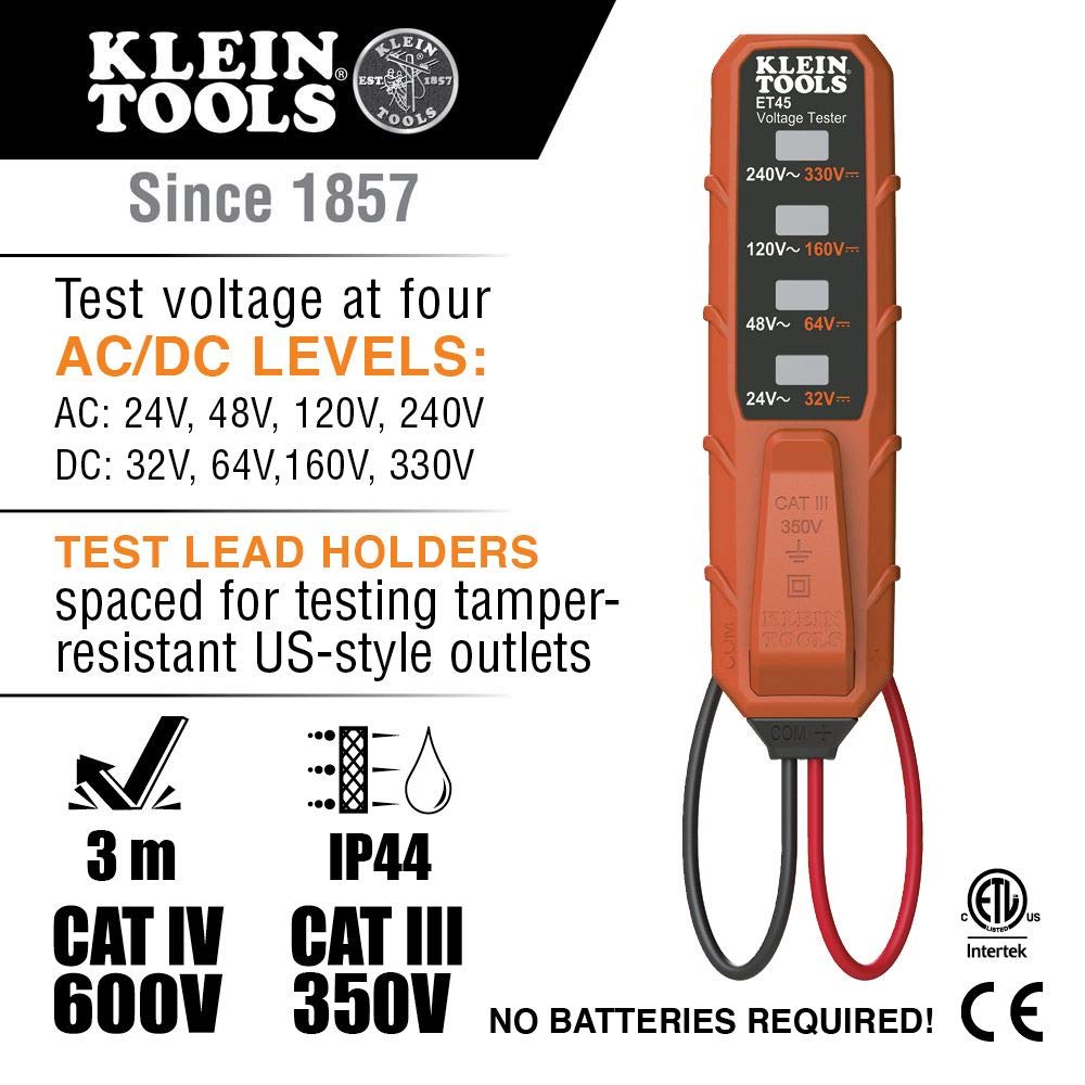 Klein Tools ET45 Voltage Tester - AC/DC Voltage Detector Pen, Non-Contact Electrical Tester with LED Light, Battery-Free for Home, Electrician & DIY Projects