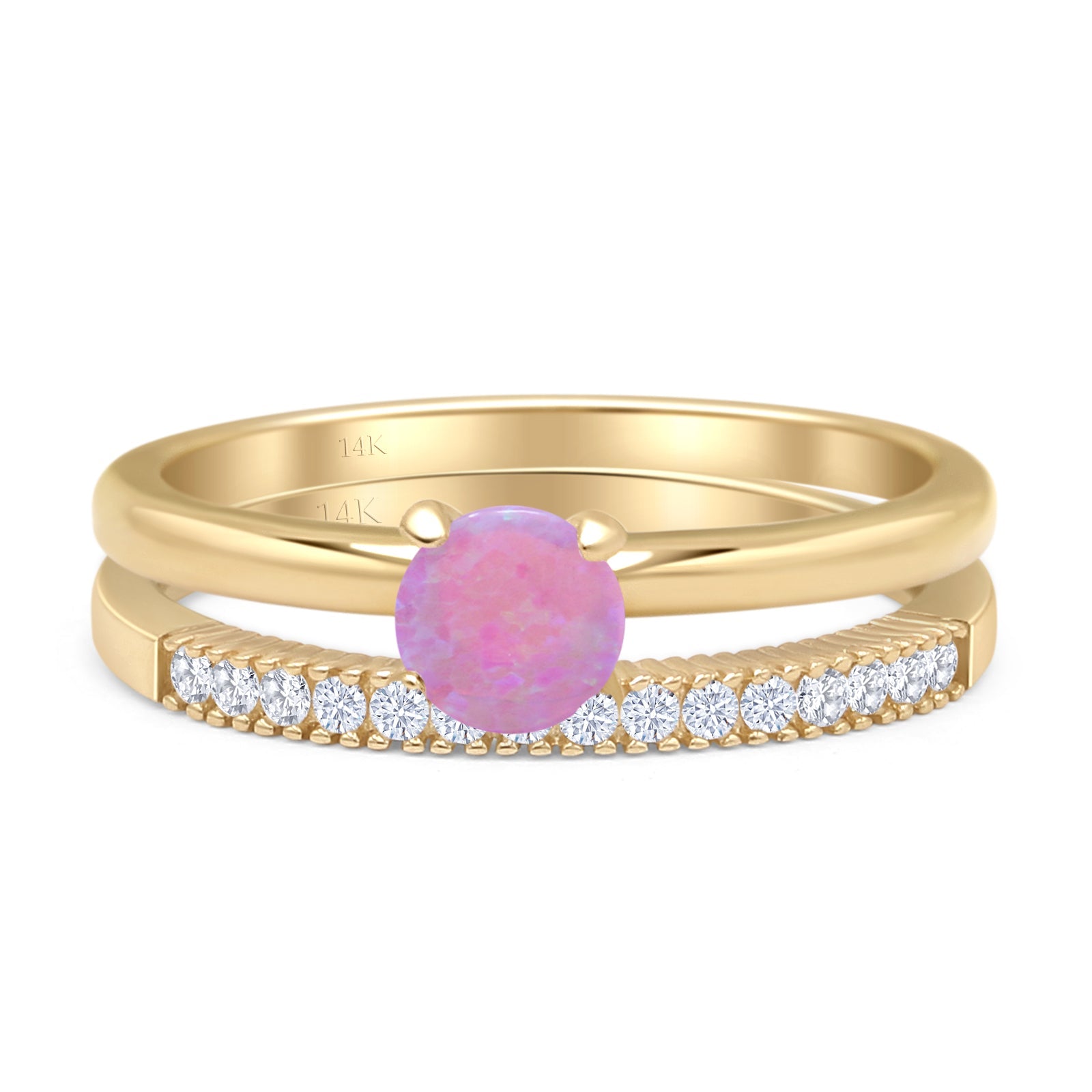 14K Yellow Gold Two Piece Round Solitaire Half Eternity Band - Lab Created Pink Opal Bridal Ring Set for Women | Perfect for Engagement, Wedding, Anniversary & Everyday Elegant Jewelry