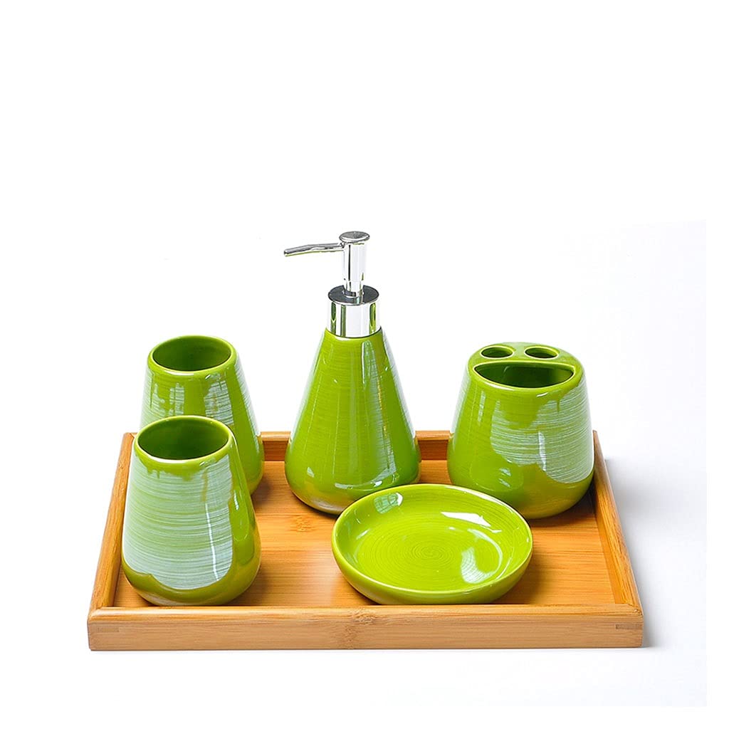 6-Piece Ceramic Bathroom Accessories Set - Lotion Dispenser, Toothbrush Holder, Soap Dish, Mouthwash Cups & Tray - Elegant Green Bathroom Organizer for Countertop, Vanity and Spa Decor