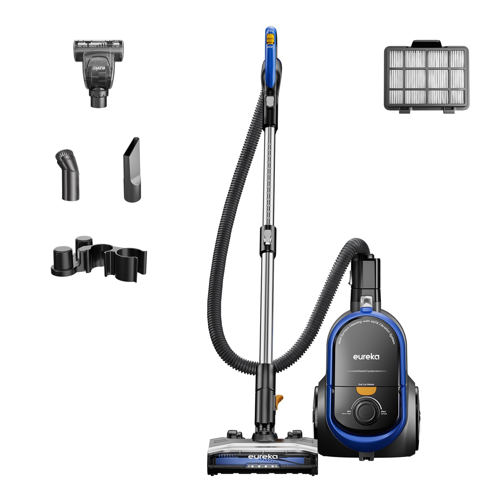 Eureka Bagless Canister Vacuum Cleaner with Washable HEPA Filter - 16KPA Powerful Suction for Carpets & Hard Floors - Compact Lightweight Design with 3 Cleaning Attachments - 2-Motor Household Vacuum for Easy Maneuvering - Perfect for Pet Hair, Stairs, and Car Cleaning
