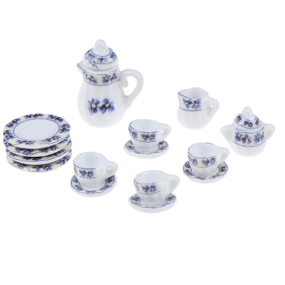 Eyomii 15-Piece Miniature Porcelain Dollhouse Tableware Set - Plates, Bowls & Tea Cups for Dollhouse Kitchen Accessories | Perfect for Dollhouse Decor, Miniature Displays & Collectors