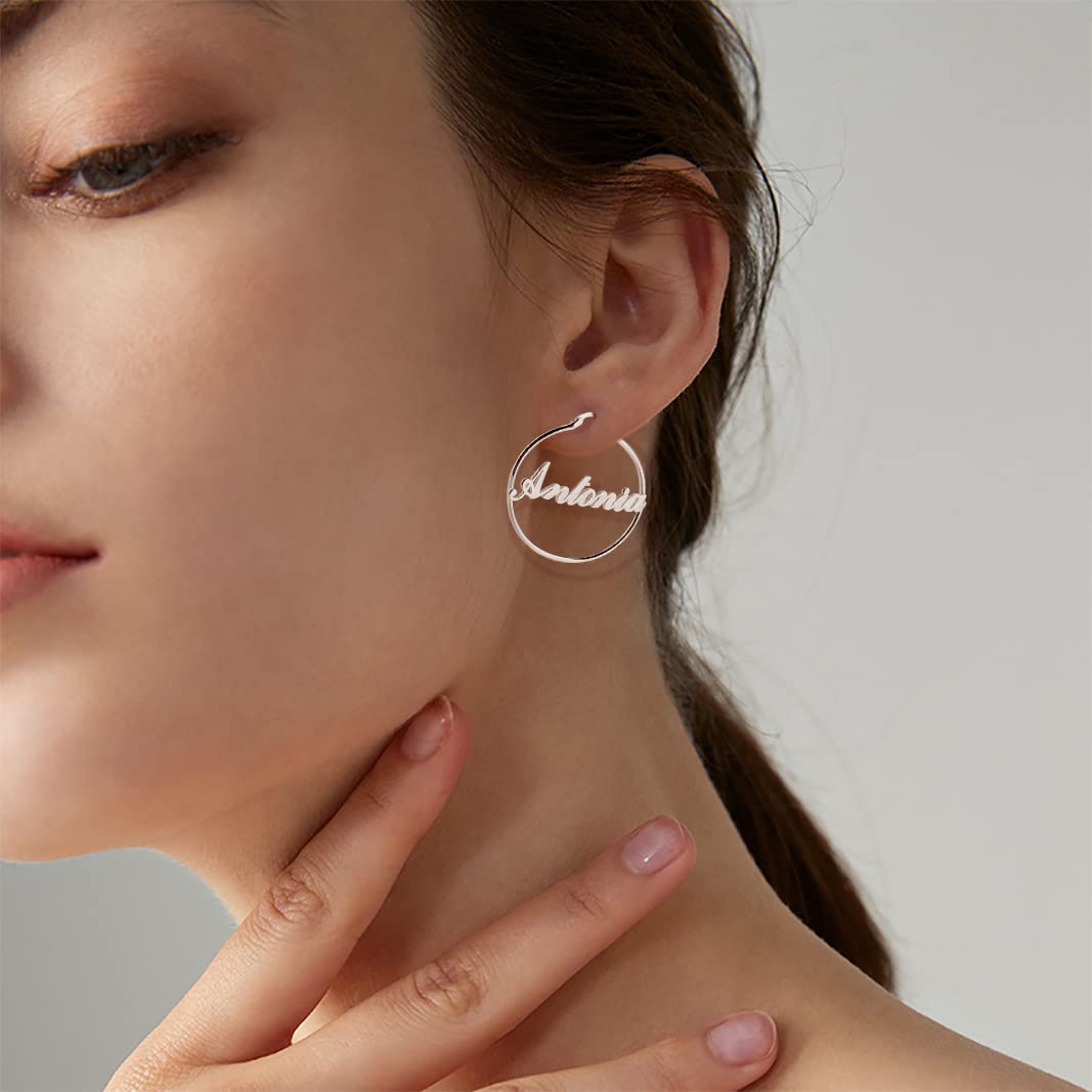 Personalized Name Earrings for Women - Sterling Silver Round Hoop Stud Earrings with Custom Letter - Perfect for Hip Hop Style, Gifts & Everyday Wear