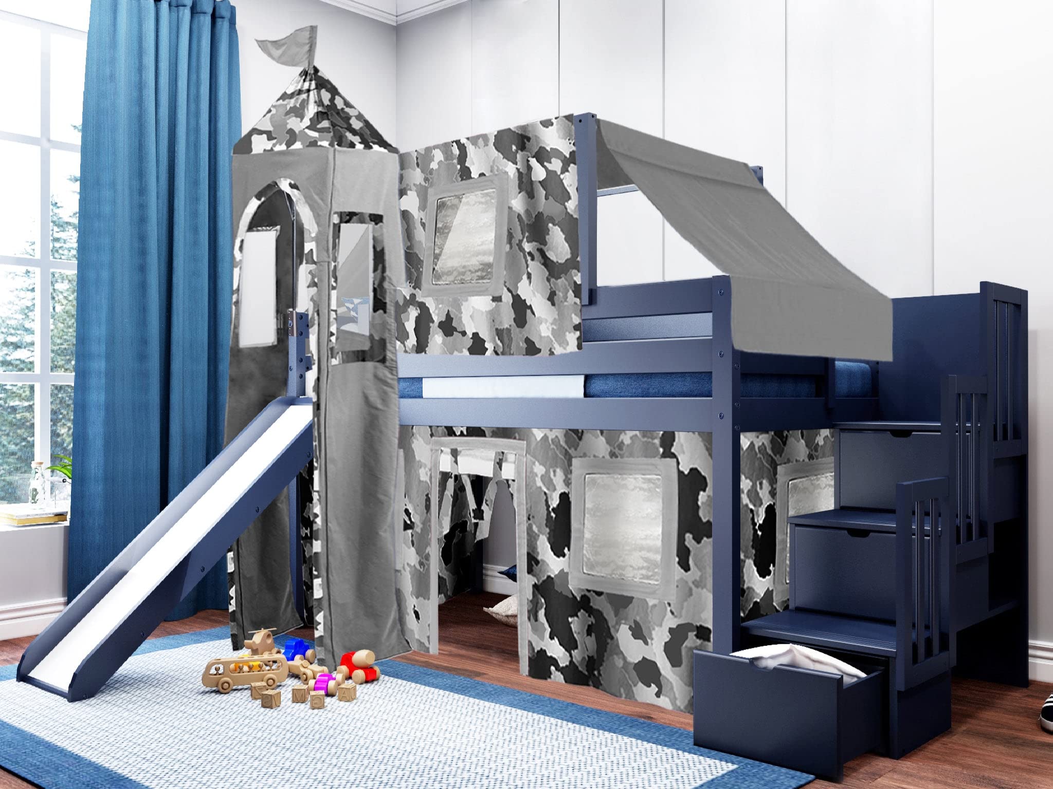 JACKPOT! Twin Size Castle Low Loft Stairway Bed with Slide - Gray Camo Tent & Tower for Kids | Space-Saving Loft Bed for Small Rooms | Fun Playhouse & Sleep Solution for Boys & Girls