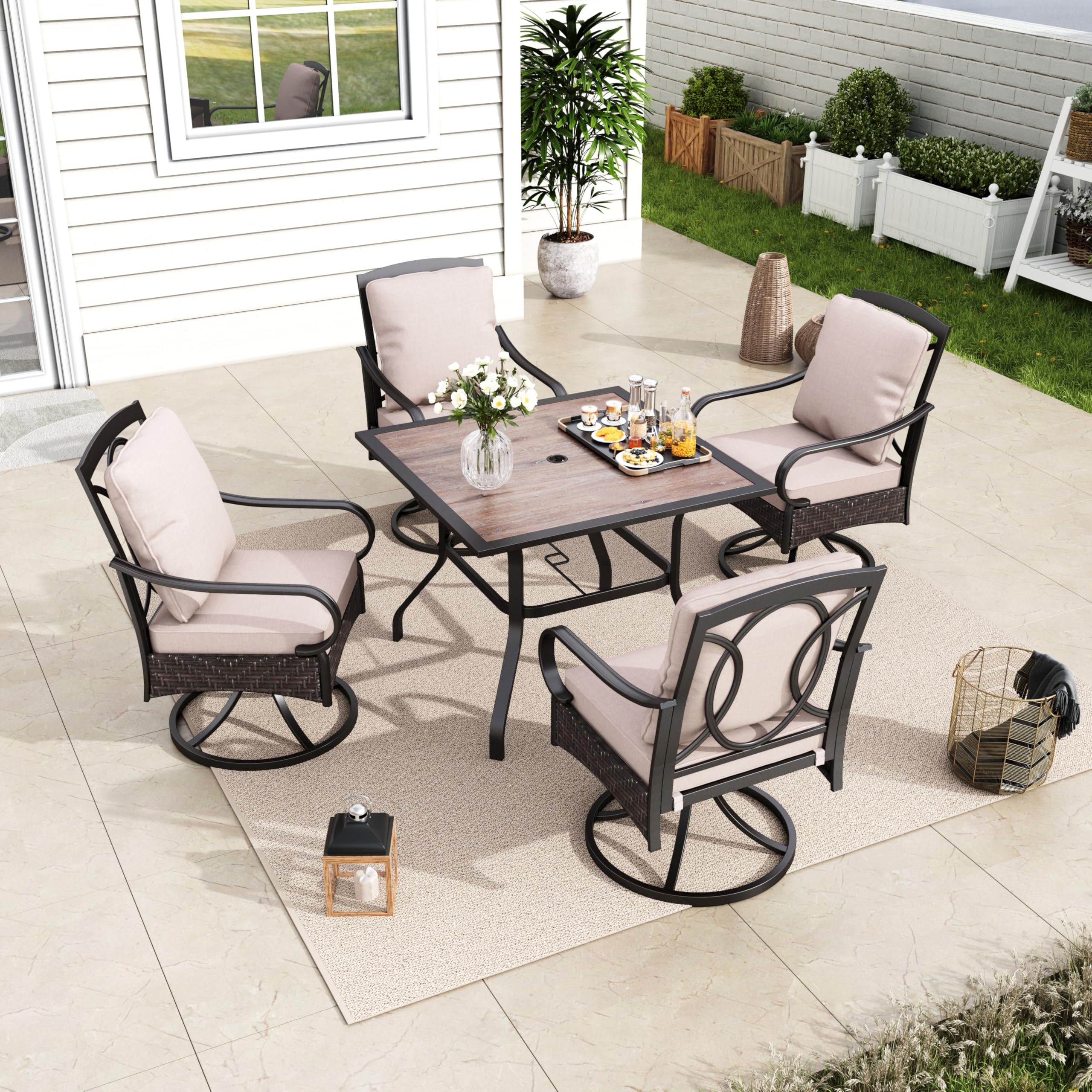 MFSTUDIO 5-Piece Outdoor Rattan Dining Set for 4 with Swivel Chairs - Patio Furniture Square Table & Cushioned High Back Chairs - Perfect for Backyard, Garden, and Poolside Dining