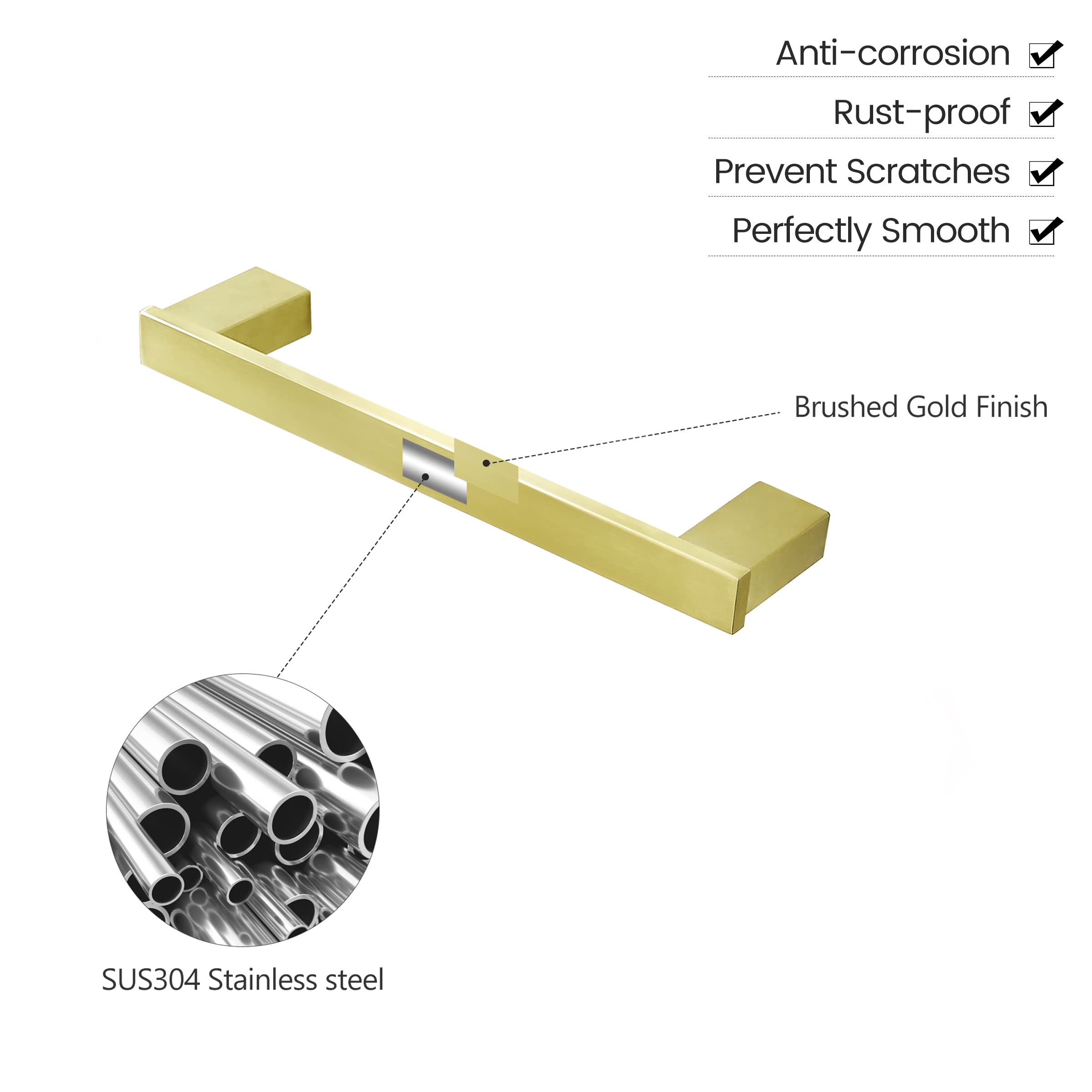 12 Inch Brushed Gold Towel Bar - Square Wall Mounted Stainless Steel Bathroom Towel Rack Holder for Bathroom, Kitchen, and Spa Decor - BATHSIR