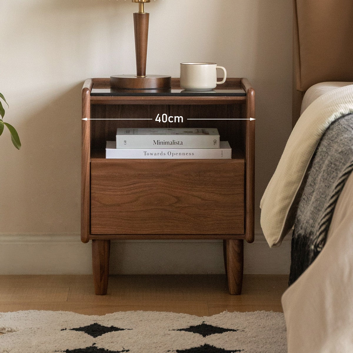 Premium Black Walnut Solid Wood Nightstand with Tempered Glass Top - Modern Bedside Table for Bedroom, Living Room, or Office Use