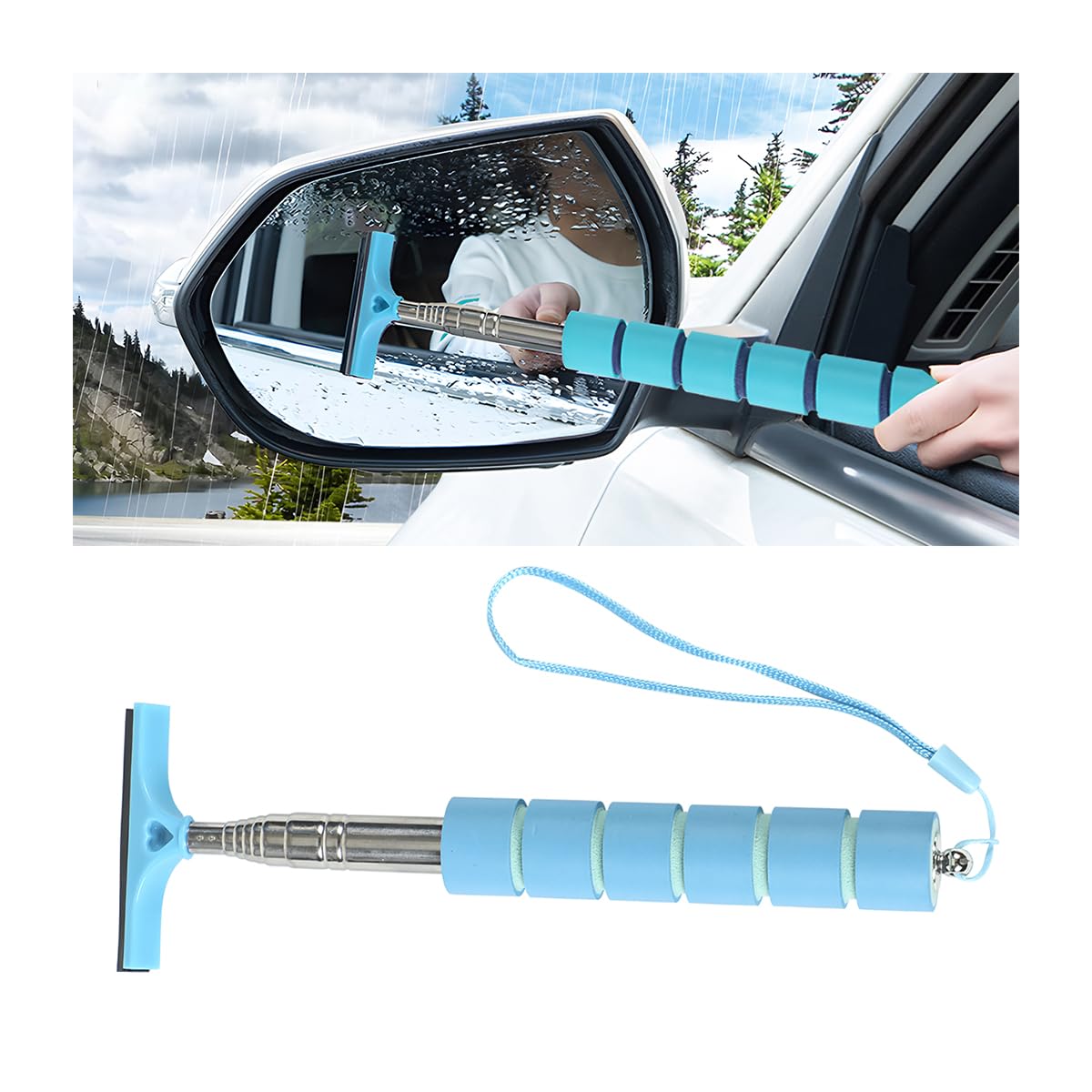 AICEL Telescopic Car Side Mirror Squeegee with Long Handle - Retractable Auto Window Cleaner for Rearview Mirror & Glass - Universal Car Accessories (Blue) - Perfect for Rainy Days & Winter Ice Removal