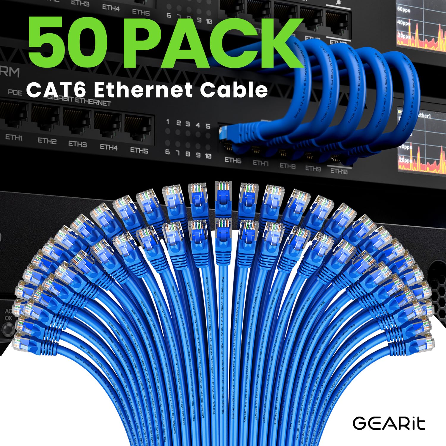 GEARit Cat 6 Ethernet Cable 50-Pack (2 Feet) - 10Gbps High-Speed Snagless RJ45 Network Patch Cord with Gold-Plated Connectors - Perfect for PC, TV, Tablet, Router, Printer & Data Center - Ideal for Home Office, Gaming Setup & IT Infrastructure (Blue)