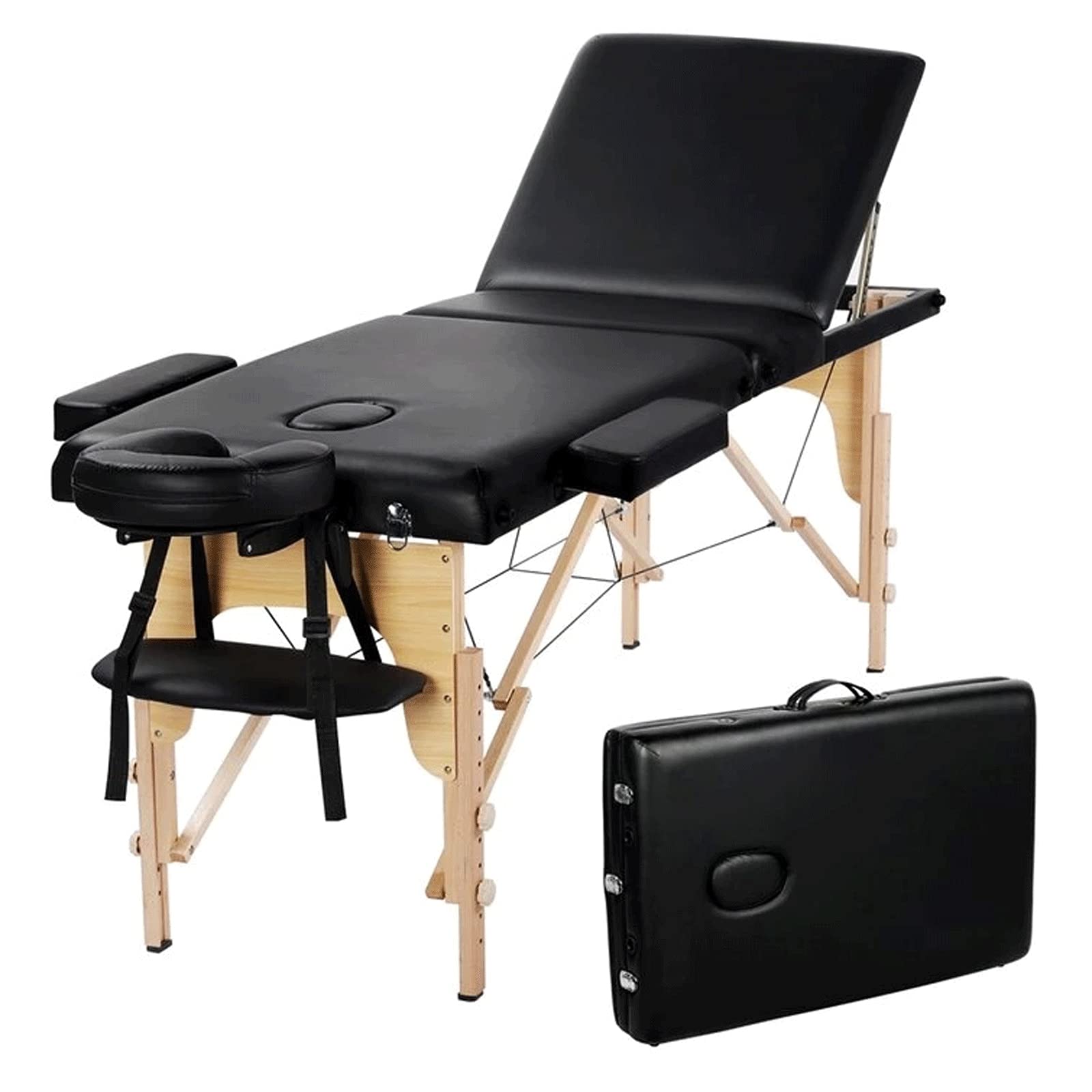 Professional Folding Portable Massage Table - Adjustable Height 3-Fold Spa Bed with Face Cradle & Carry Case - PU Leather Facial Salon Tattoo Bed for Home, Clinic & Mobile Therapists (Black) - Perfect for Massage Therapy, Beauty Treatments & Tattoo Sessions