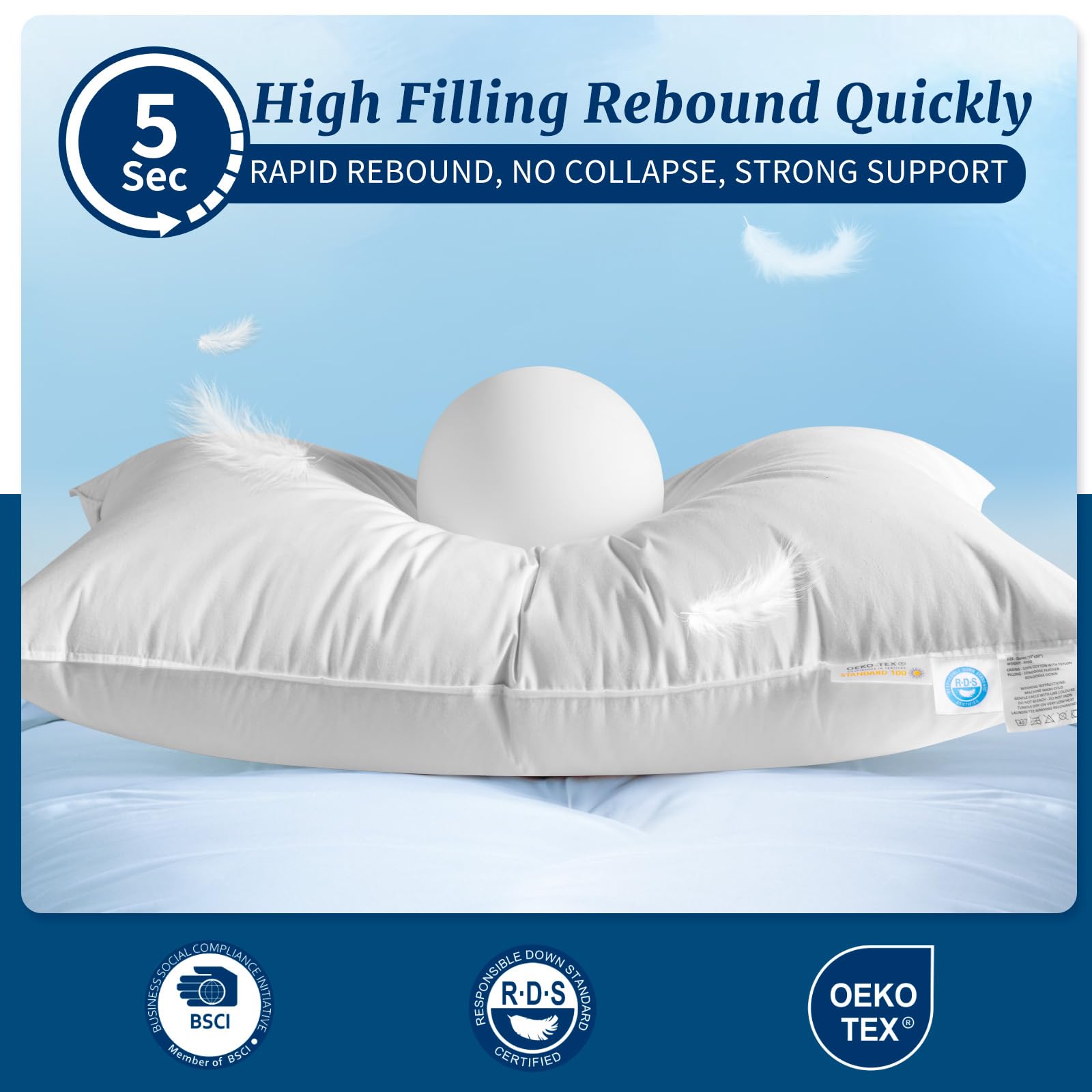 Premium Canadian Luxury Goose Down Pillow - Queen Size, 750 Fill Power, 100% Cotton with Teflon Shell - Ultra Comfort for Back, Stomach & Side Sleepers - Perfect for Hotels, Guest Rooms & Luxury Bedding (White, Standard, Pack of 1)
