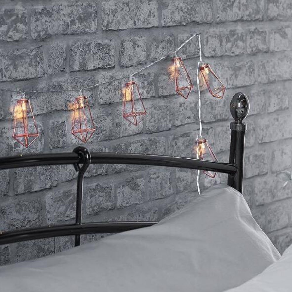 5Ft Metal Cage String Lights - 10 LED Fairy Lights Battery Powered Rose Gold Diamond Geometric Boho Decor for Bedroom, Wedding, Party, Indoor, Patio, Camping, Wall & Terrarium (Warm White) - Perfect for Romantic Ambiance, Boho Chic Decor and Cozy Outdoor Lighting