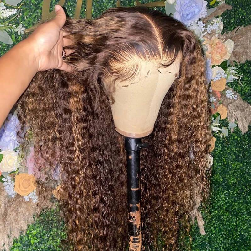 Eullair #4/27 Balayage Highlight Brown Curly Human Hair Wig for Dark Skin | 12-30 Inch | Natural Looking Wavy Curls for Everyday Wear, Cosplay & Special Occasions