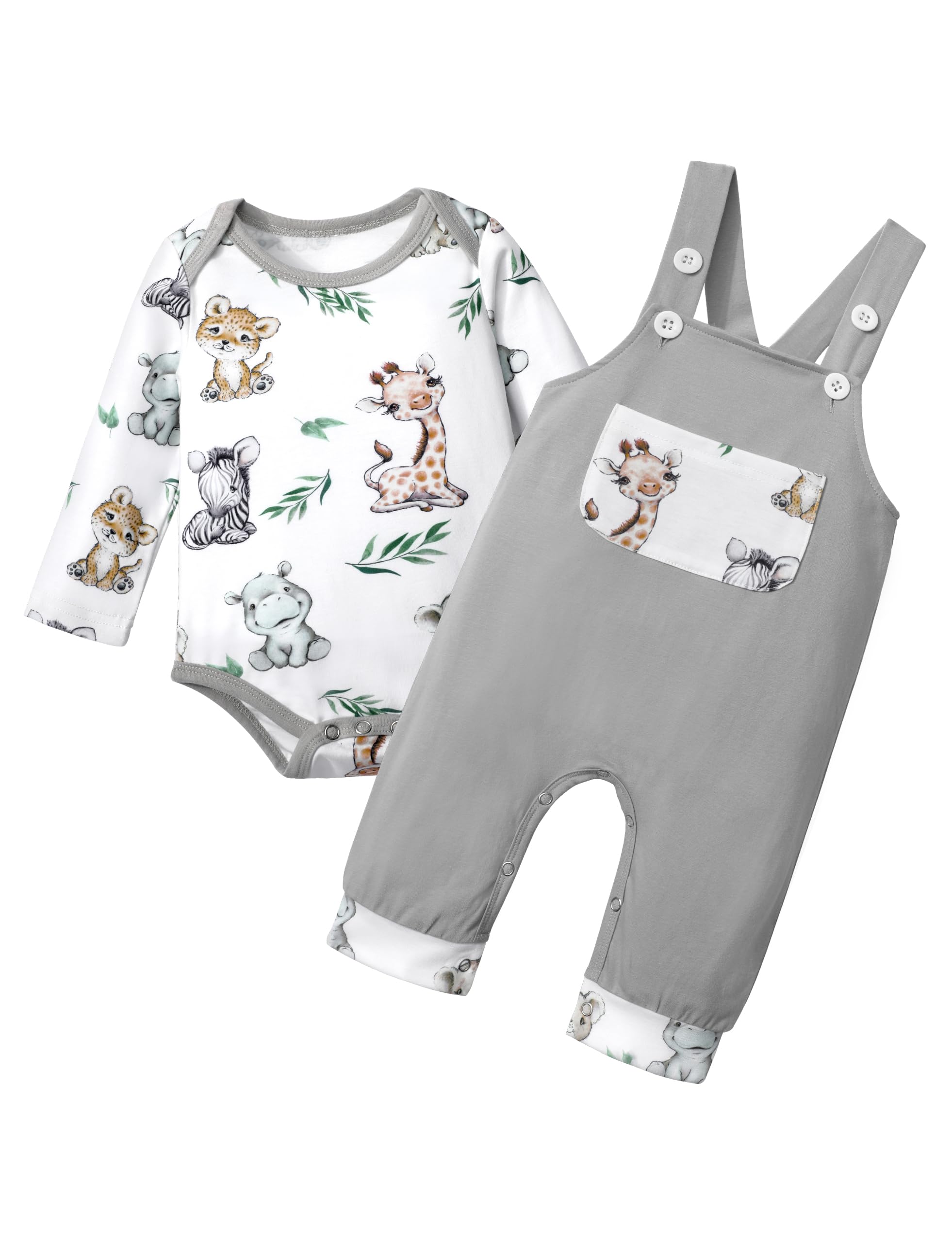 Baby Boy Clothes - Long Sleeve Animal Print Romper & Plaid Overalls Jumpsuit | Cute Outfits for Newborns & Infants | Perfect for Playdates, Photo Shoots & Special Occasions