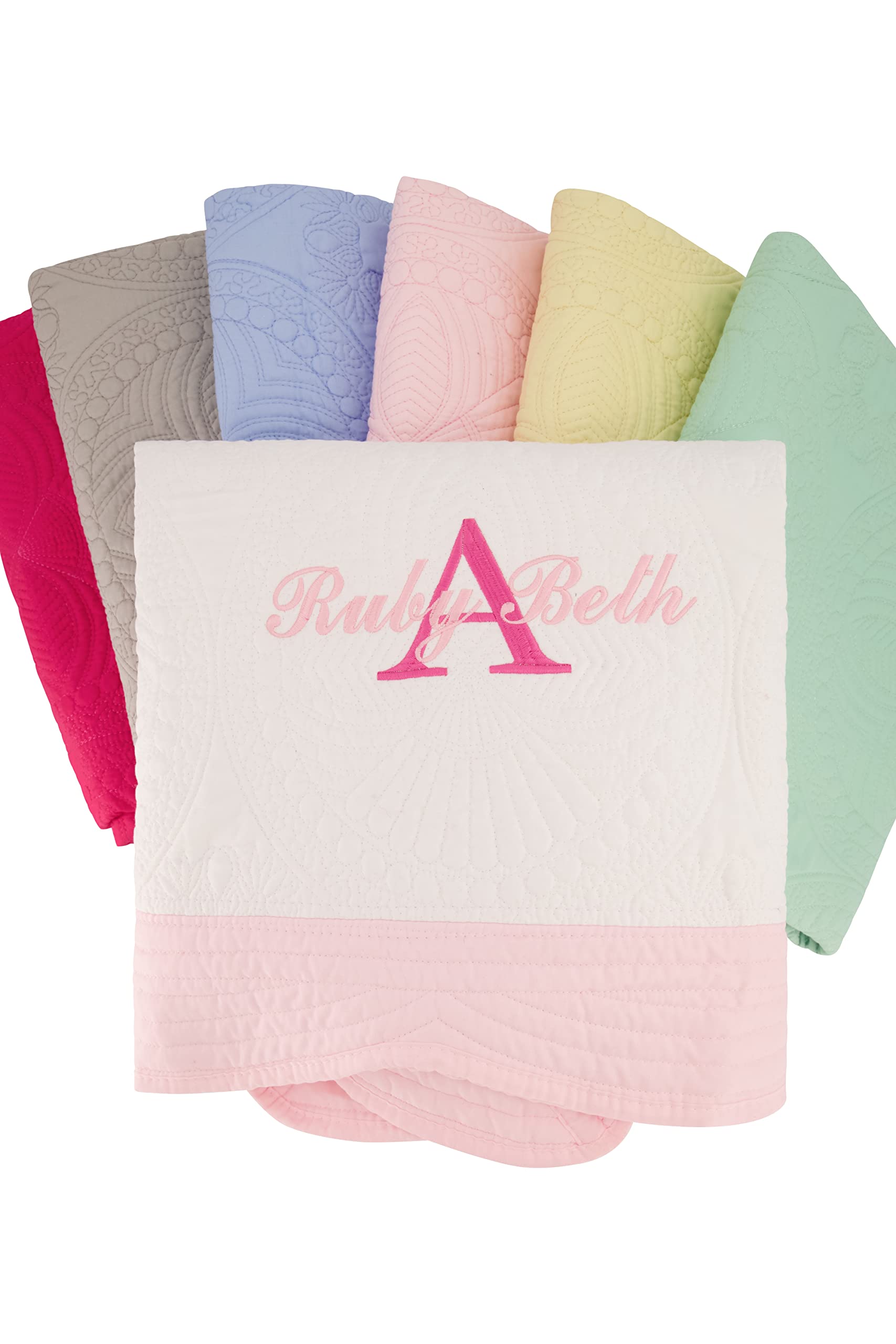 Personalized Baby Blankets for Girls & Boys - Custom Embroidered Name, Super Soft Cotton Quilt with Scalloped Edges - 36
