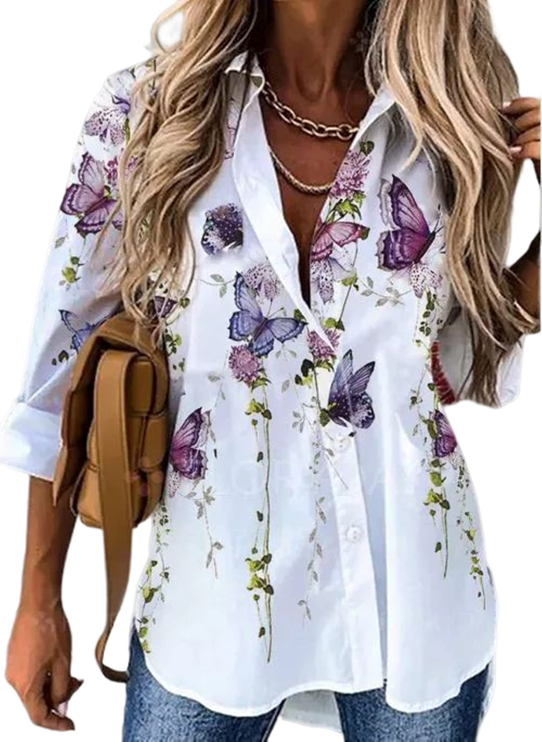 Women's Butterfly Print Button Down Shirt - Floral Lapel Blouse with Midi Sleeves for Work & Casual Wear | Office Outfits, Date Nights & Spring Fashion