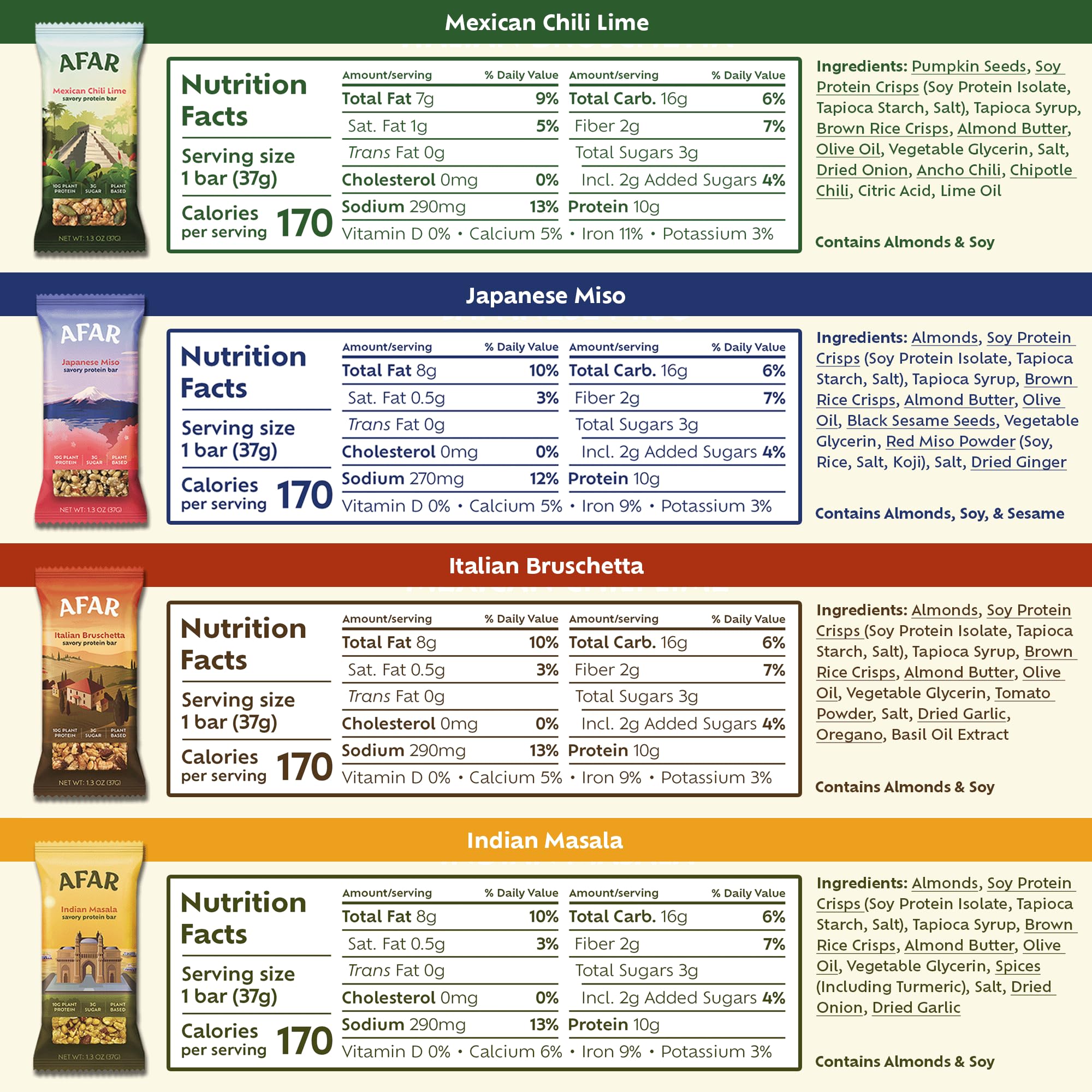 Afar Savory Protein Bars - Low Sugar High Protein Snacks for Adults - Vegan Gluten Free Meal Replacement Bar with Rice Crispy Texture (8 Bars, Variety Pack) - Perfect for Workouts, Hiking & On-the-Go Nutrition