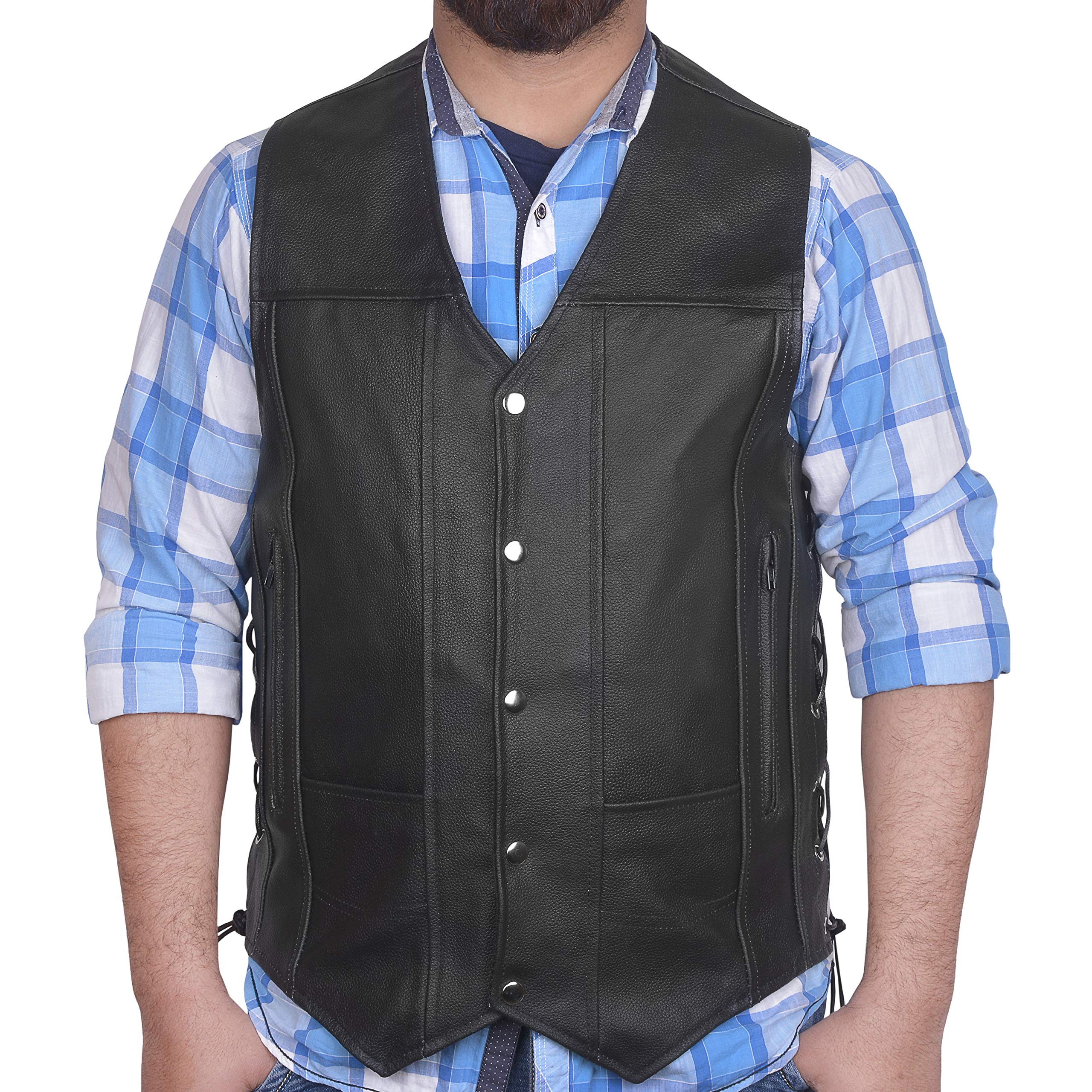 DEFY Genuine Leather Motorcycle Vest for Men & Women - 10 Pockets, Concealed Carry Gun Pockets, Solid Back for Patches (6XL, Chest 60 Inches) - Perfect for Biker Rides, Motorcycle Clubs & Outdoor Adventures