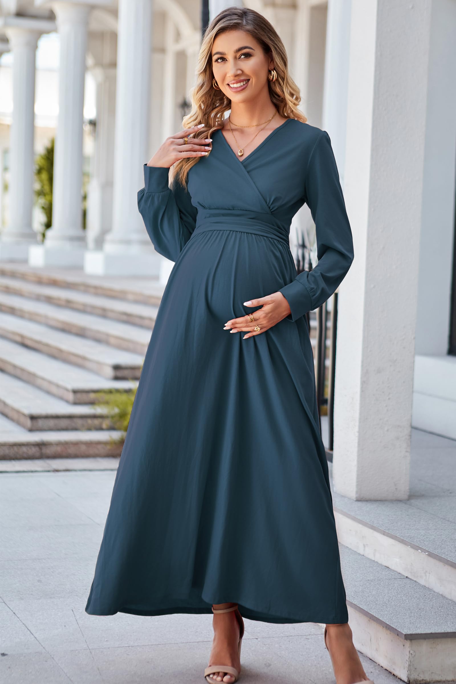 OUGES Maternity Maxi Dress - Long Sleeve Wrap V-Neck Pregnancy Gown for Baby Shower, Photoshoot & Fall Season | Comfortable Maternity Clothes for Pregnancy & Special Occasions