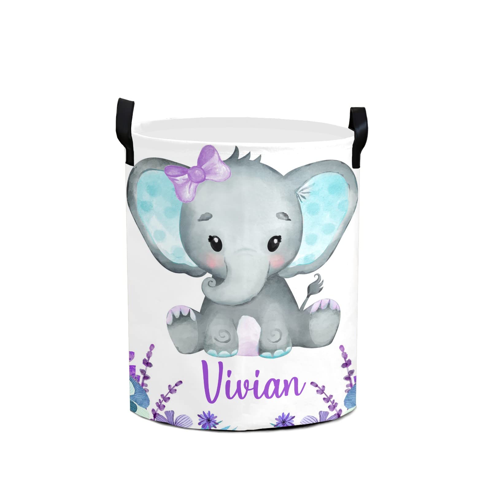 Custom Personalized Elephant Purple Floral Laundry Hamper with Name - Large Storage Basket with Handles for Clothes, Toys & Organizing - Perfect for Bathroom, Bedroom, Living Room & Nursery Decor