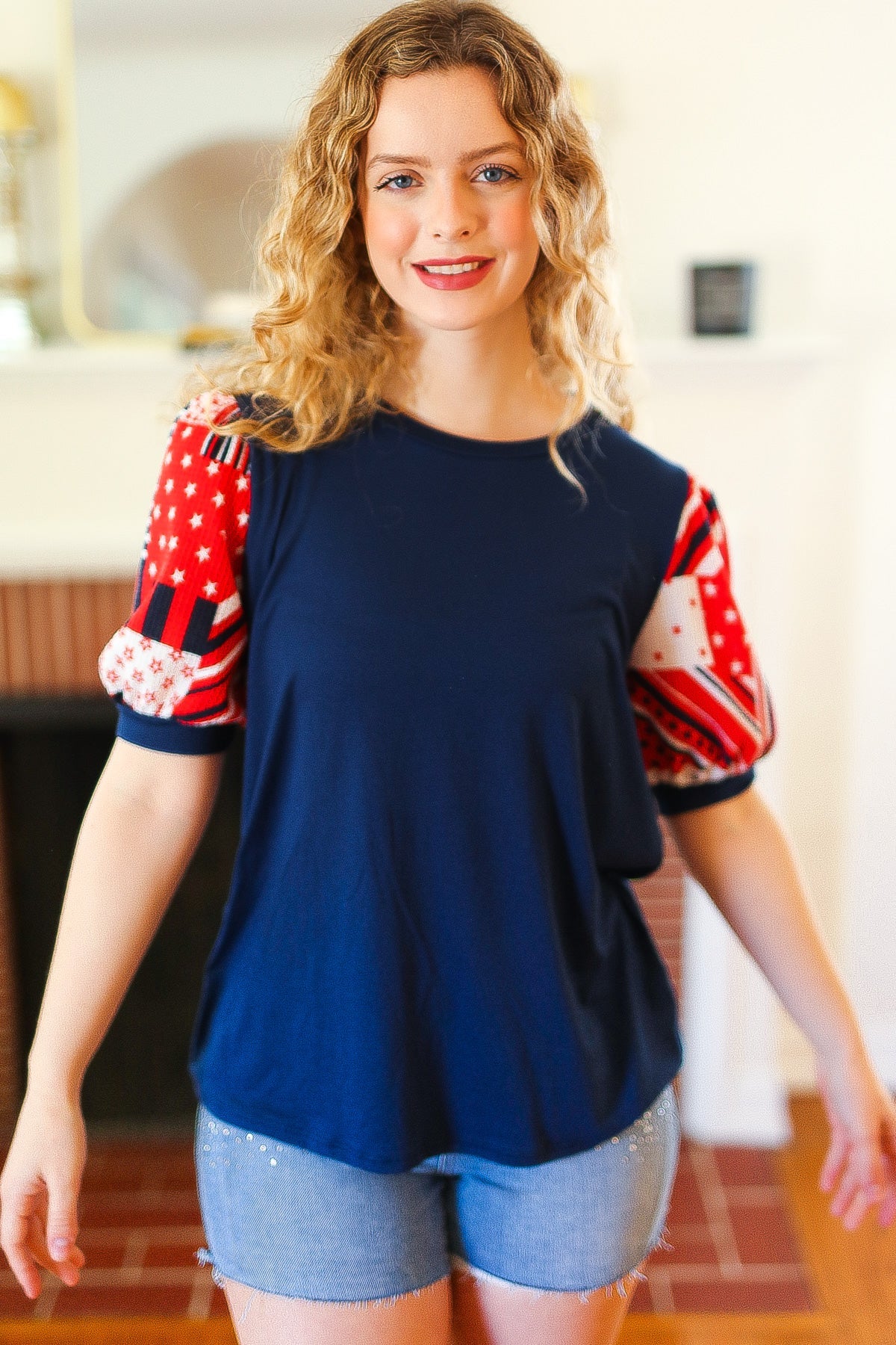 Stylish Navy Patriotic Patchwork Puff Sleeve Top for Women - Perfect for Holiday Parties & 4th of July Celebrations