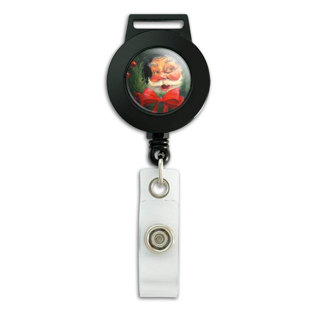 Christmas Santa Claus Wreath Lanyard with Retractable Reel - Holiday Badge ID Card Holder for Teachers, Nurses & Office Workers