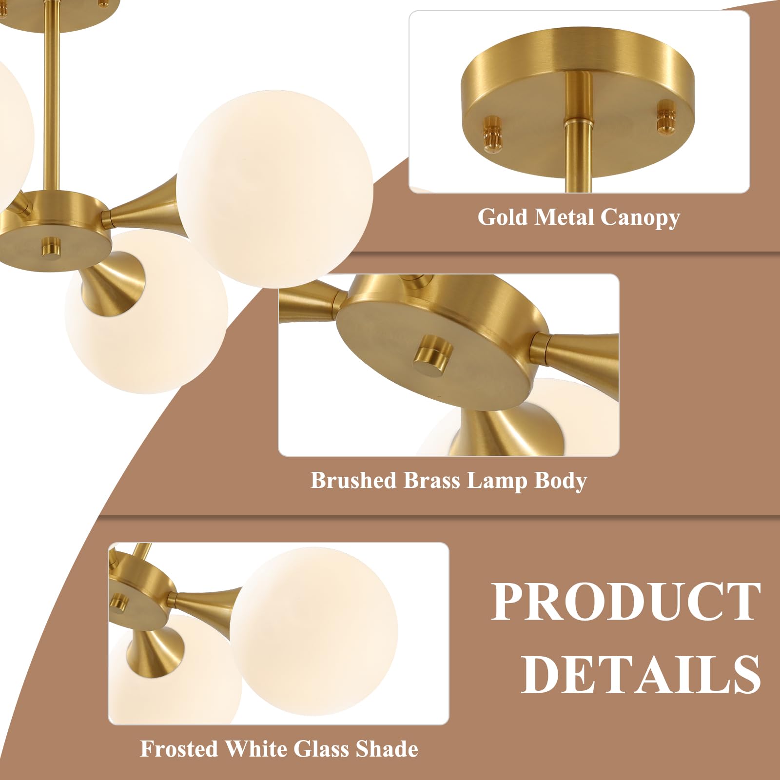 Modern Gold Semi Flush Mount Sputnik Chandelier - 4-Light Mid Century Ceiling Lamp with Frosted Glass Globes - Perfect for Living Room, Dining Room & Bedroom Lighting