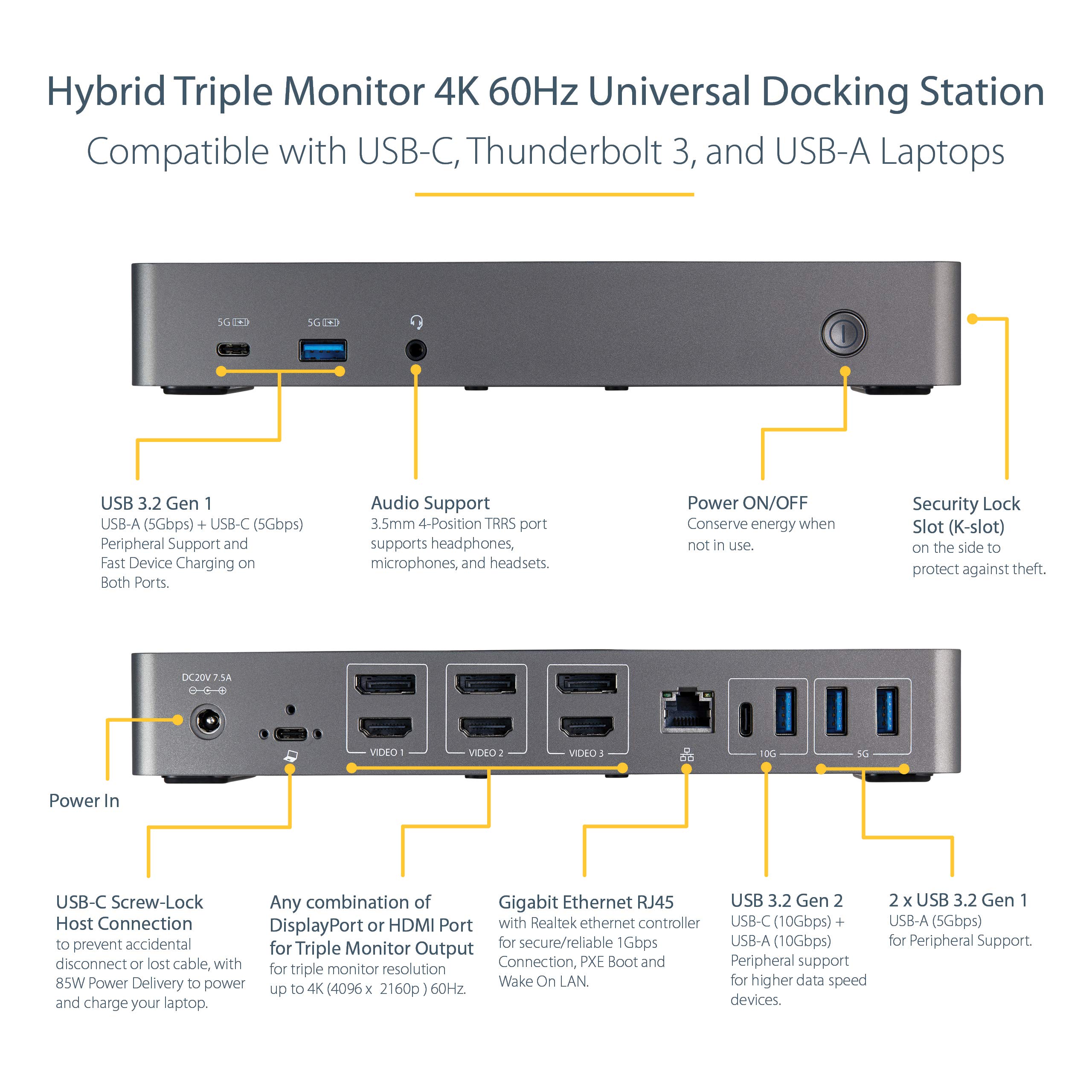 StarTech.com Hybrid Universal Triple Monitor Laptop Docking Station with USB-C & USB-A - 4K 60Hz DisplayPort & HDMI, 85W Power Delivery, 6-Port USB 3.1 Hub (10Gbps), Gigabit Ethernet, Audio - TAA Compliant - Perfect for Home Office, Remote Work & Multi-Screen Productivity