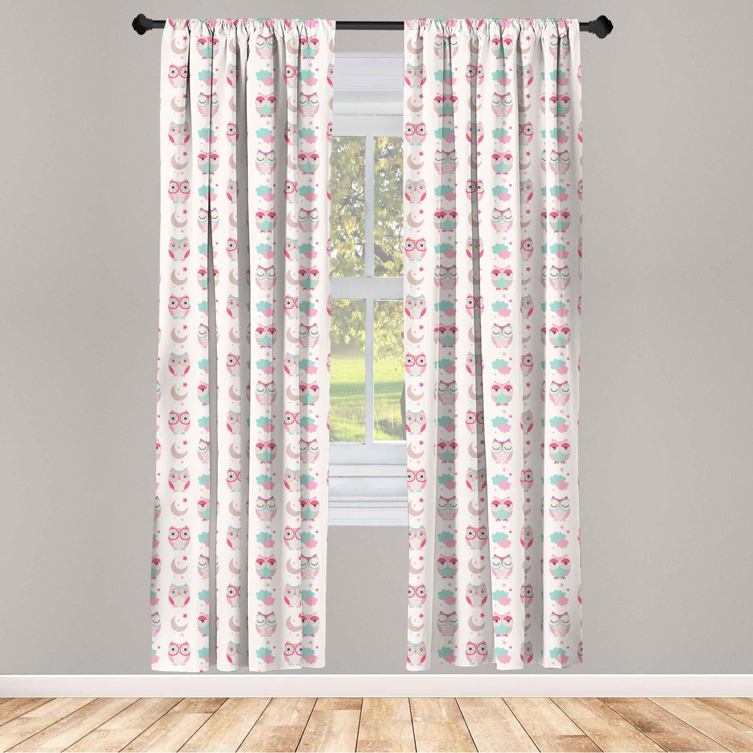 Ambesonne Owl Cartoon Blackout Curtains - 2 Panel Set with Crescent Moon & Stars Design, 56