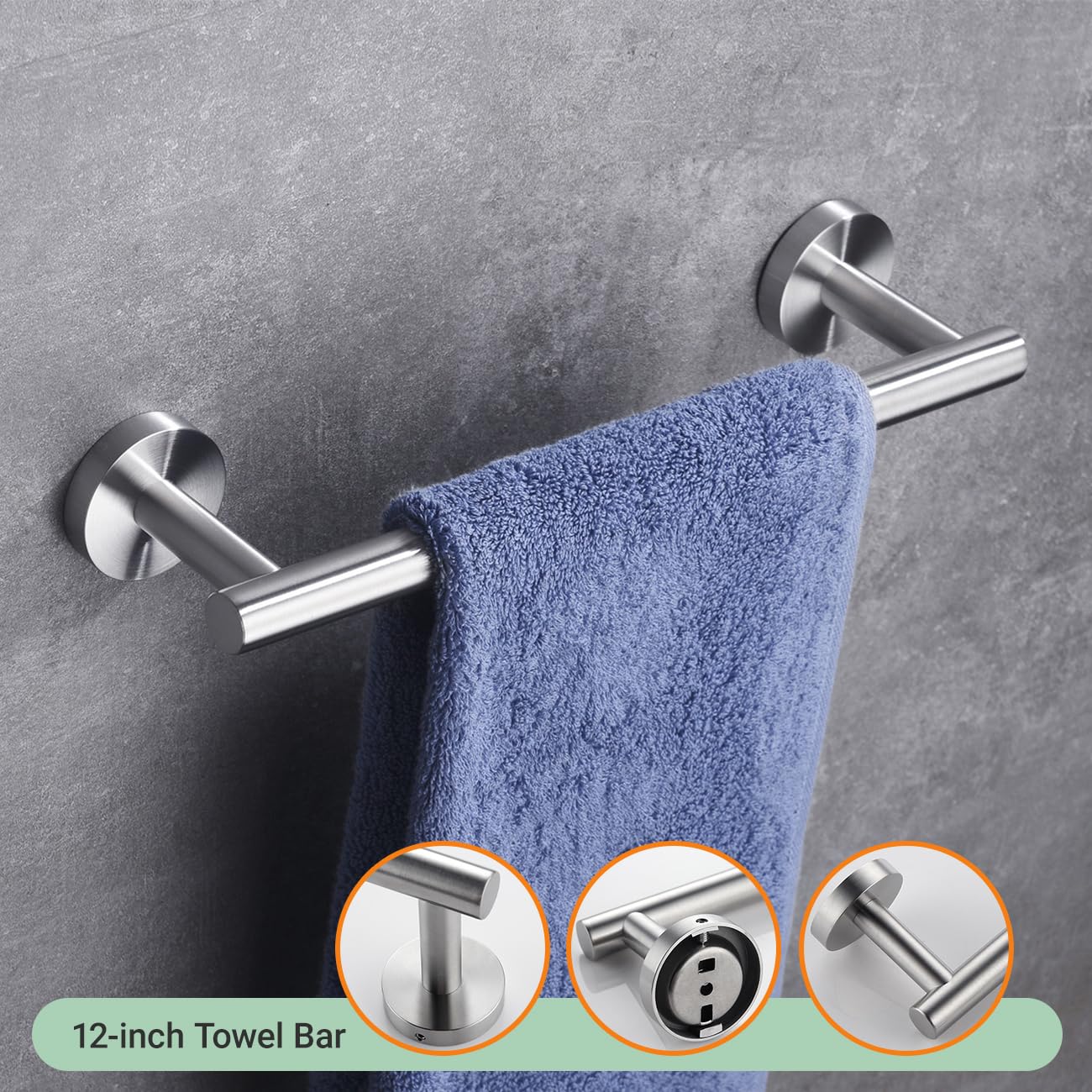 Premium 4-Piece Brushed Stainless Steel Bathroom Accessory Set - Wall Mounted Towel Bar, Hand Towel Rack, Toilet Paper Holder & Robe Hooks (BS100S4-BN) - Modern Bathroom Organization for Homes & Hotels