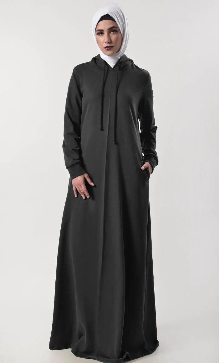 Modest Warm Fleece Hooded Abaya with Pockets - Cozy Islamic Dress for Women | Perfect for Prayer, Home & Winter Outfits