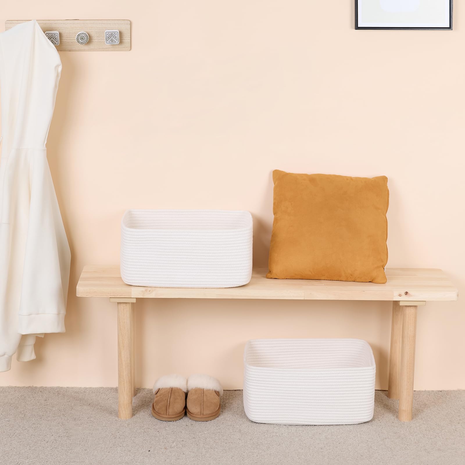Large Woven Storage Baskets for Shelves & Closets - 17 x 13 x 7.5 Inch Organizer Bins for Clothes, Blankets, Towels, Toys | Nursery, Bedroom & Living Room Organization | Set of 2 Off-White Rope Baskets