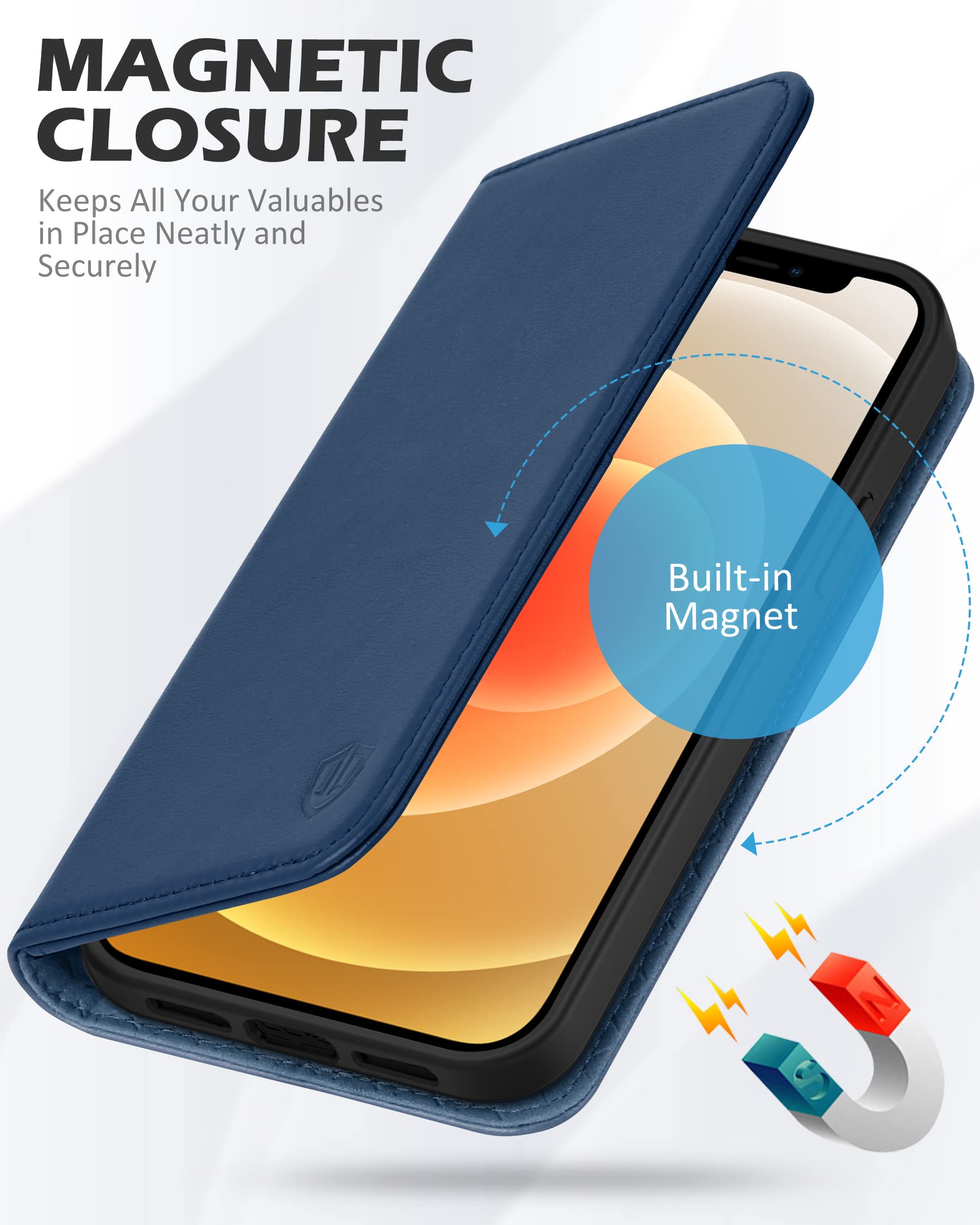 Premium SHIELDON Genuine Leather Wallet Case for iPhone 12 Pro Max (6.7 Inch) - RFID Blocking, Magnetic Folio with Kickstand & Card Holder - Royal Blue | Perfect for Business Travel, Daily Commute & Secure Contactless Payments