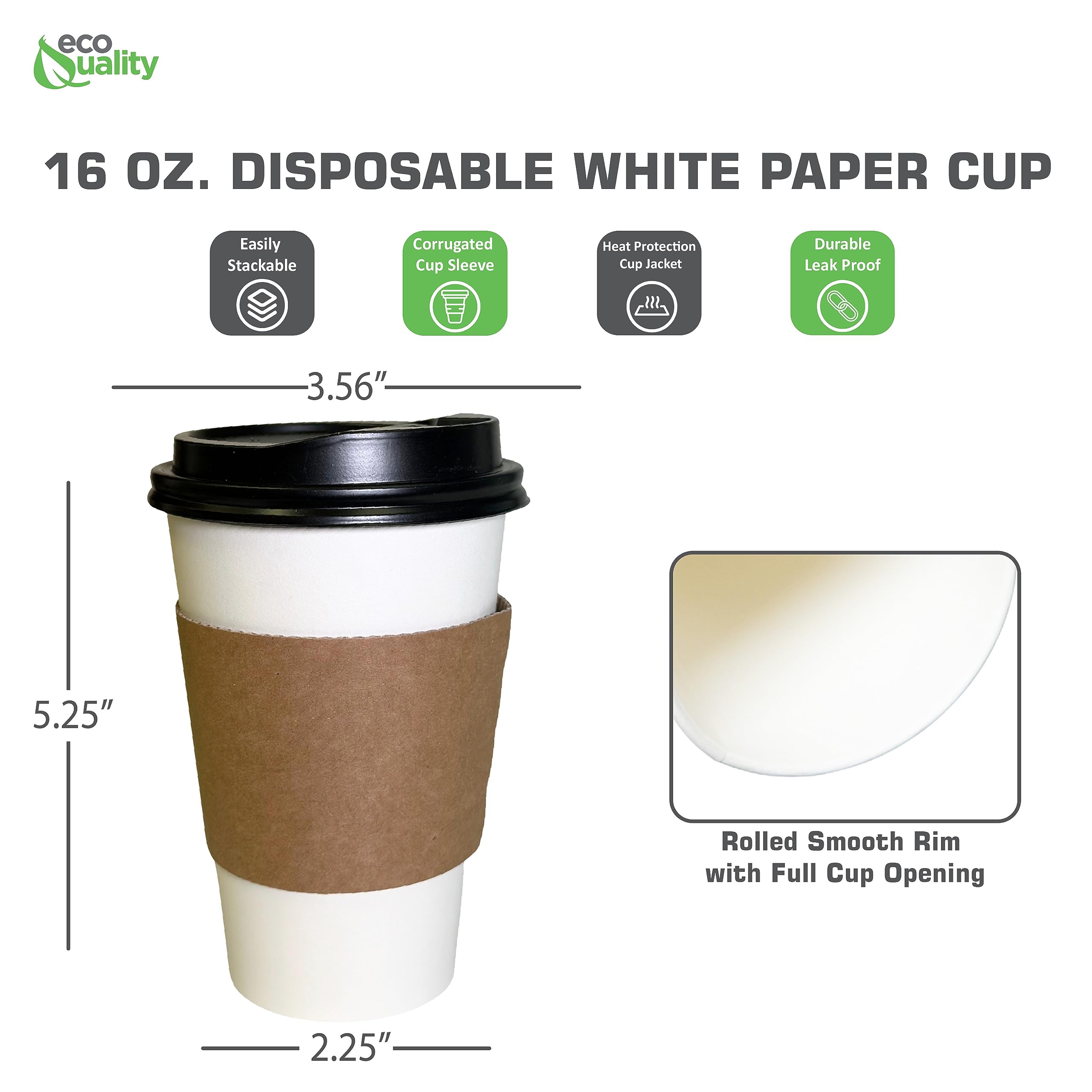 EcoQuality 16 oz Disposable White Paper Coffee Cups with Black Dome Lids & Corrugated Sleeves - 1000 Pack for Hot/Cold Beverages, Ideal for Coffee Shops, Offices, Travel, Picnics, and Events