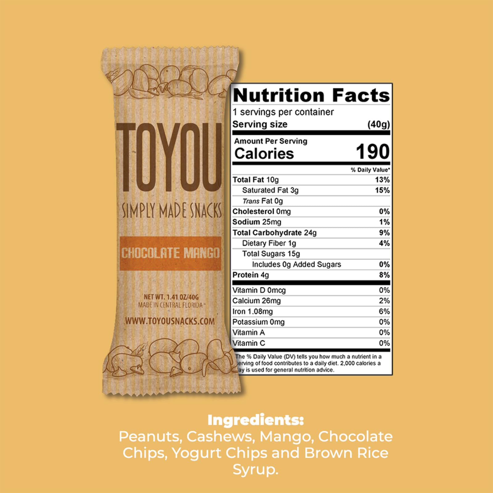 ToYou Granola Bars with Dried Fruit and Nuts - 14 Count, Gluten Free Healthy Snacks for Adults & Kids | High Protein Breakfast Bars, Office Snacks | Chocolate Mango Flavor for Energy Boost at Work, School or Hiking