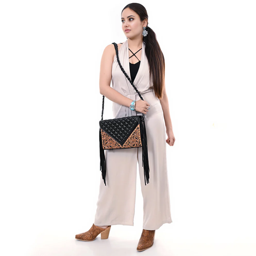 American Darling Black & Tooled Leather Handbag - Stylish Women's Crossbody Purse for Work, Travel & Evening Out