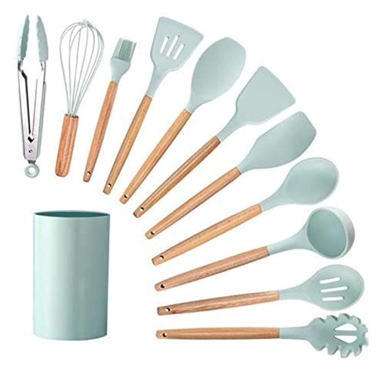 Premium 11-Piece Silicone Kitchen Utensil Set with Wooden Handle & Holder - BPA Free Non-Stick Cookware Tools for Baking, Cooking, Frying - Perfect Gift for Home Chefs & Cooking Enthusiasts