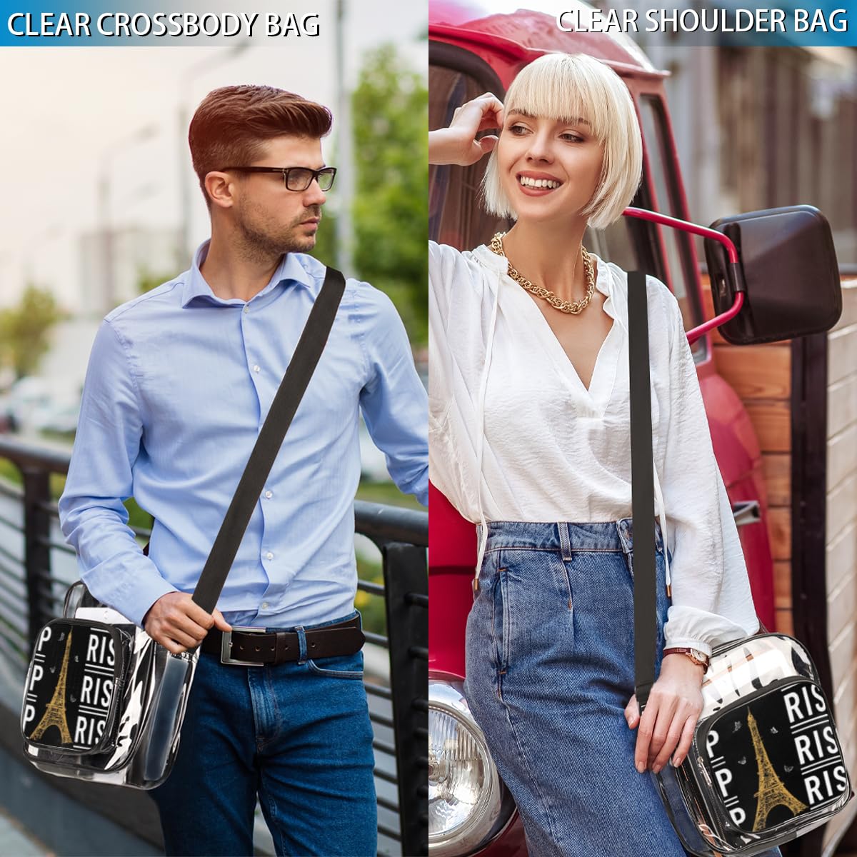Eiffel Tower Abstract Clear Crossbody Purse Bag - Paris Themed Stadium Approved Clear Purse for Women & Men - Perfect for Concerts, Sports Events & Festivals - Fashionable & Functional Clear Shoulder Bag for Everyday Use