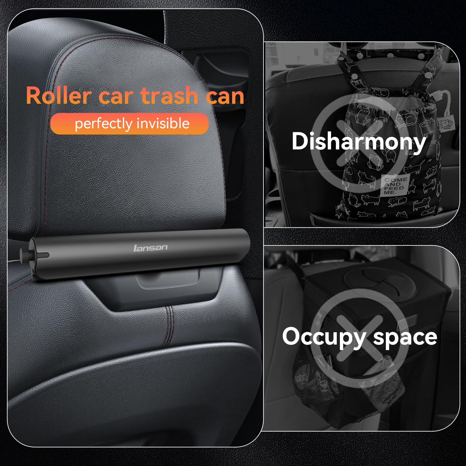 Waterproof Hanging Car Trash Can with 42pc Trash Bags - Roller Type Back Seat Garbage Bin for Vehicles, Office & Kitchen Use | Perfect for Travel, Camping & Road Trips (Black)