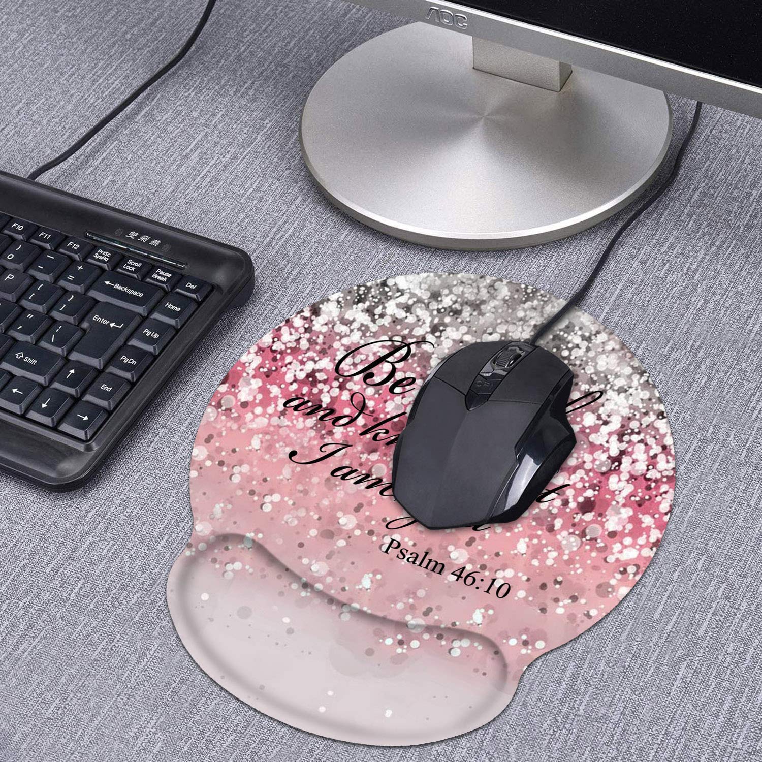 Ergonomic Mouse Pad with Wrist Support & Coasters Set - Non-Slip PU Base Gaming Mouse Mat with Lycra Cloth for Computer, Laptop, Home & Office - Pink Glitter Design with Bible Verse Psalm 46:10 - Perfect for Work, Gaming & Daily Computer Use