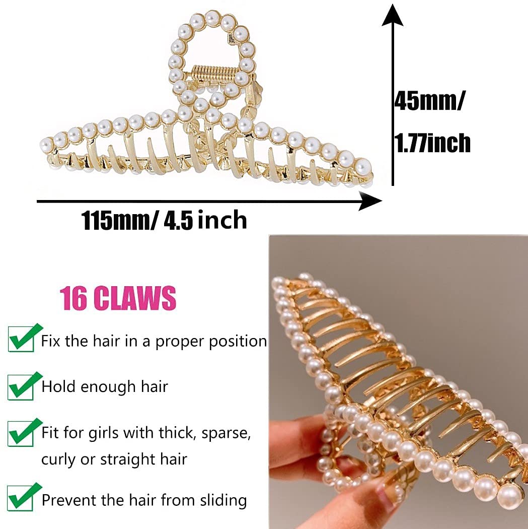 VinBee Pearl Hair Clips for Women - Large Metal Hair Claw Clips for Thick & Thin Hair (3 Pack, 4.5 Inches) - Perfect for Updos, Ponytails & Everyday Styling